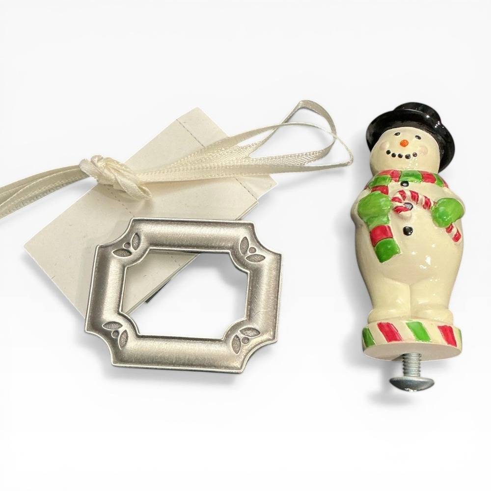 Longaberger Pewter Label Tie On 2003 + Bluster Snowman Knob Set NIB